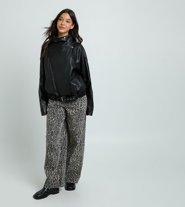 Faux Leather Funnel Neck Biker Jacket