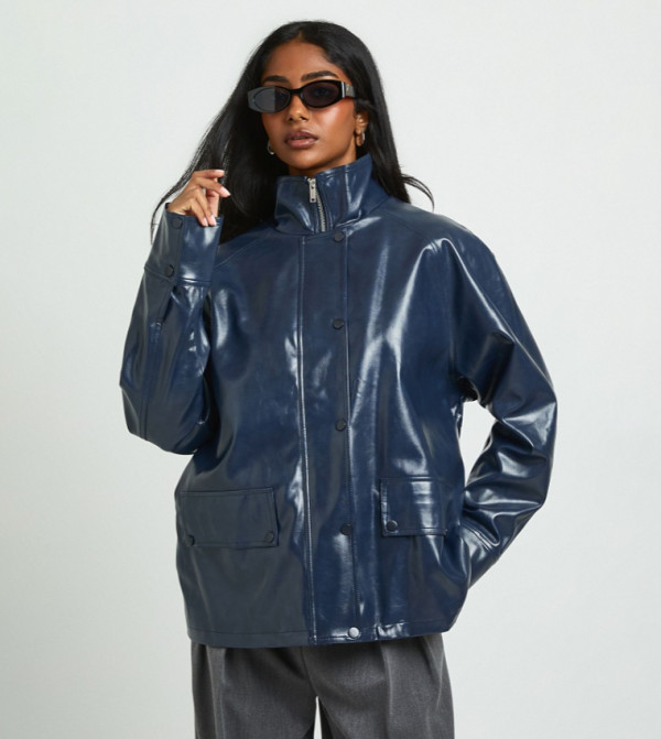 Faux Leather High Neck Longline Jacket