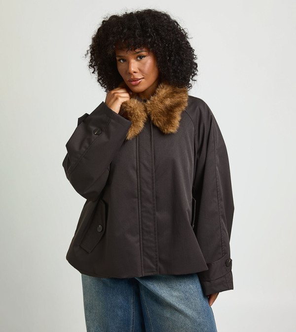 Curve Faux Fur Trim Funnel Neck Trench Coat