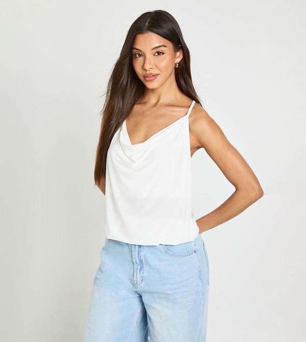 Slinky Back Trim Draped Cowl Neck Blouson Cami Top