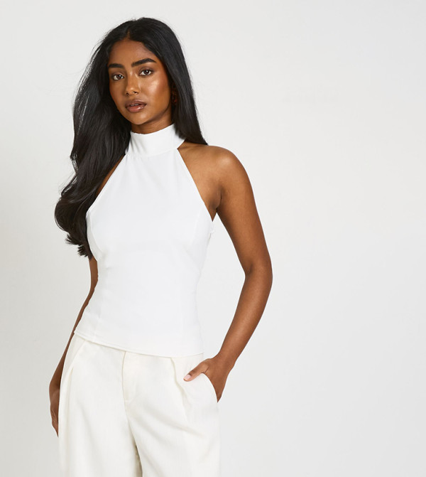 Fitted High Neck Sleeveless Cinched Top