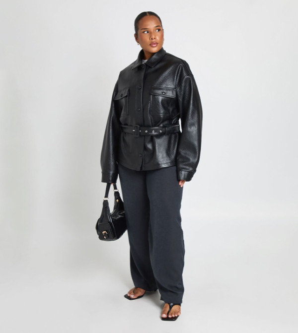 Curve Pebbled Faux Leather Fitted Belted Jacket