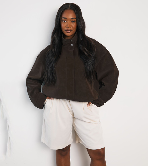Curve Textured Faux Leather High Neck Bomber Jacket