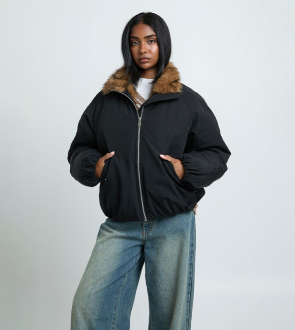 Borg Detail Long Sleeves Bomber Jacket