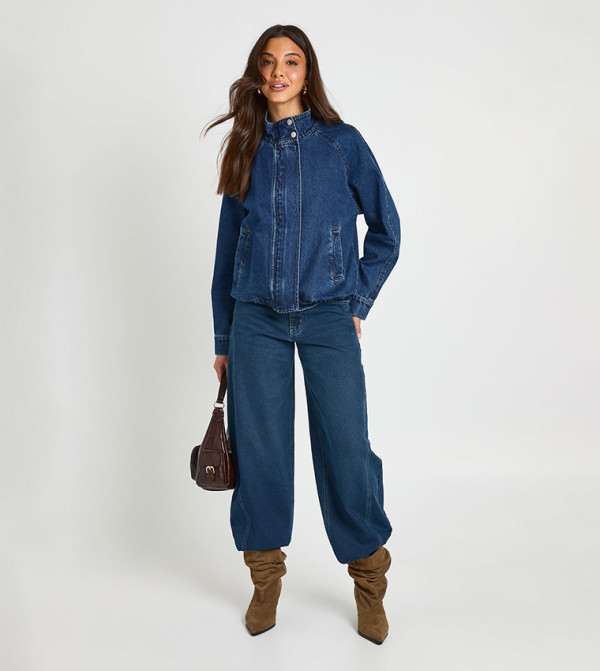 High Neck Denim Bomber Jacket
