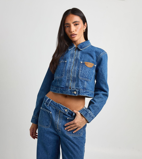 Tab Detail Zip Front Denim Jacket