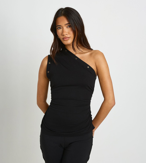 Eyelet Trim One Shoulder Ruched Top