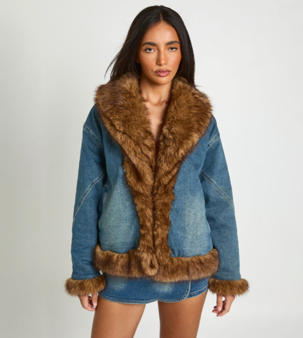Faux Fur Trim Denim Jacket