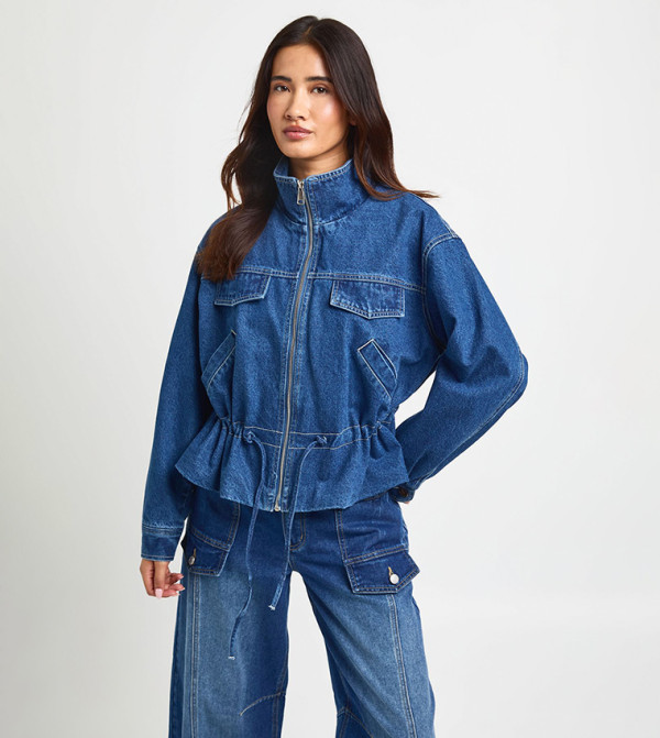 High Neck Denim Jacket with Cinch Waist Detail