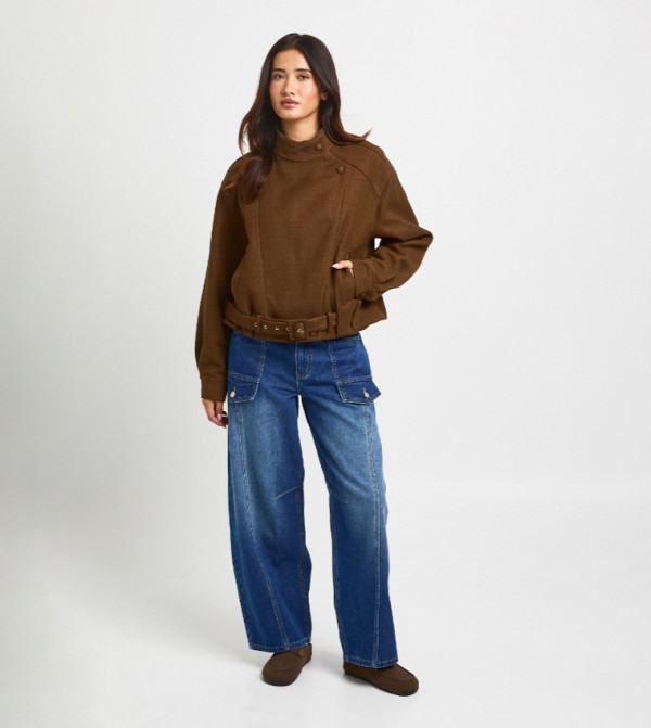 Mid Waist Cargo Utility Barrel Fit Jeans
