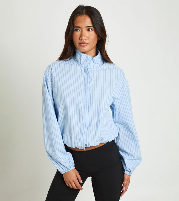 Striped Poplin Funnel Neck Shirt