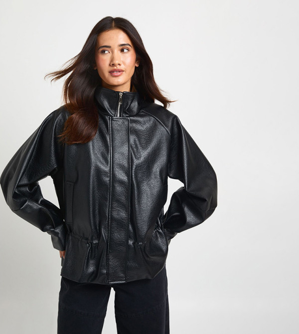 Pebbled Faux Leather Cinched Waist High Neck Jacket