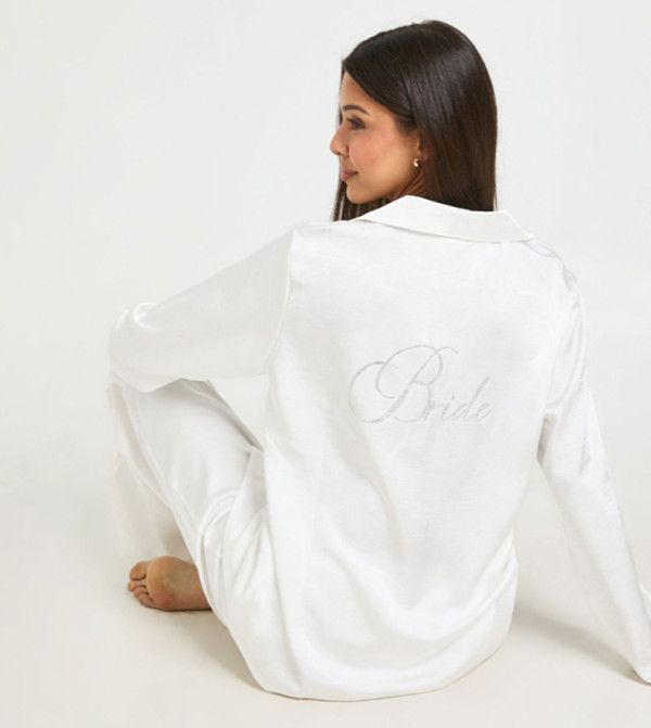 Bridal 'Bride' Satin Diamante Long Sleeves Pyjama Set