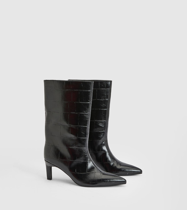 Croc Textured Stiletto Heel Calf High Boots