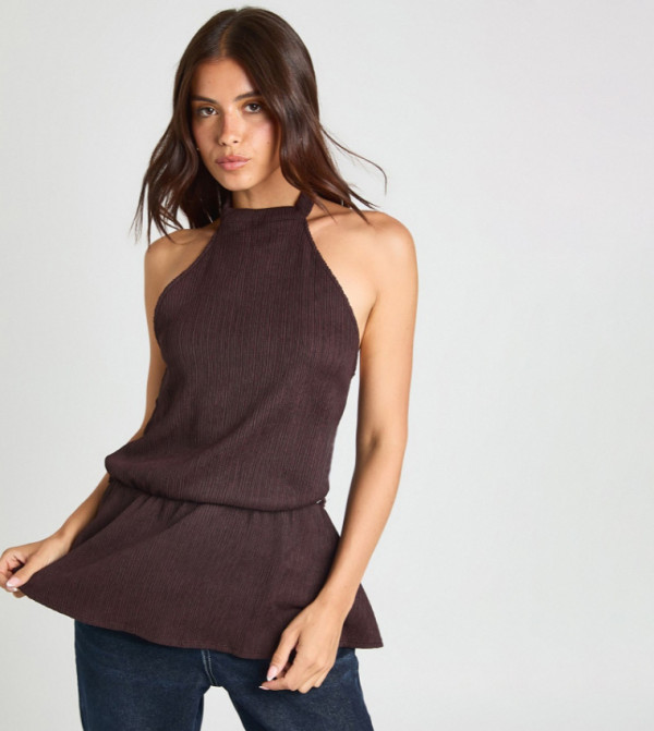 Plisse Halterneck Tie Waist Top