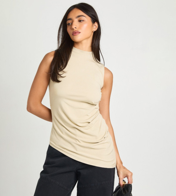 Soft Ribbed Mock Neck Ruched Asymmetric Top