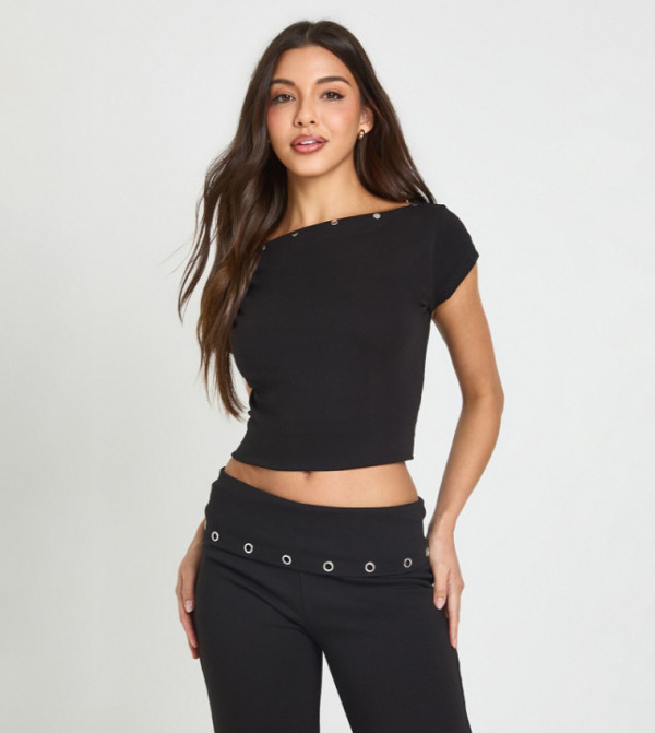 Studded Asymmetric Neck T-Shirt