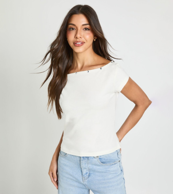 Studded Asymmetric Neck T-Shirt