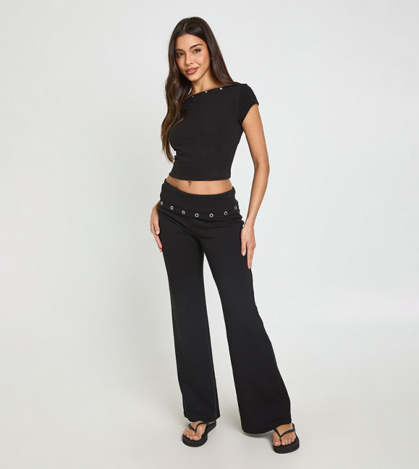 Studded Foldover Flare Trousers