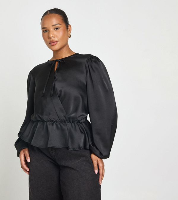 Curve Puff Sleeves Keyole Tie Smock Top