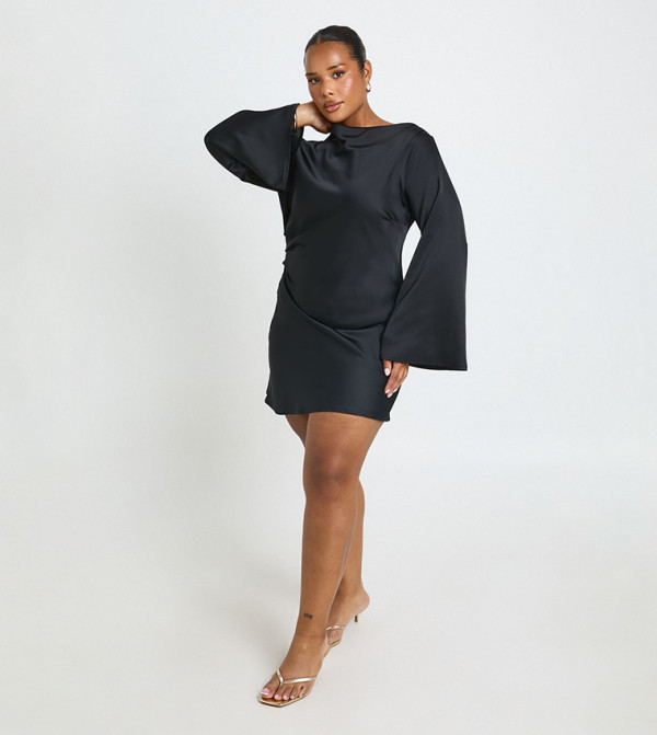Curve Satin Asymmetric Neckline Ruched Shift Dress