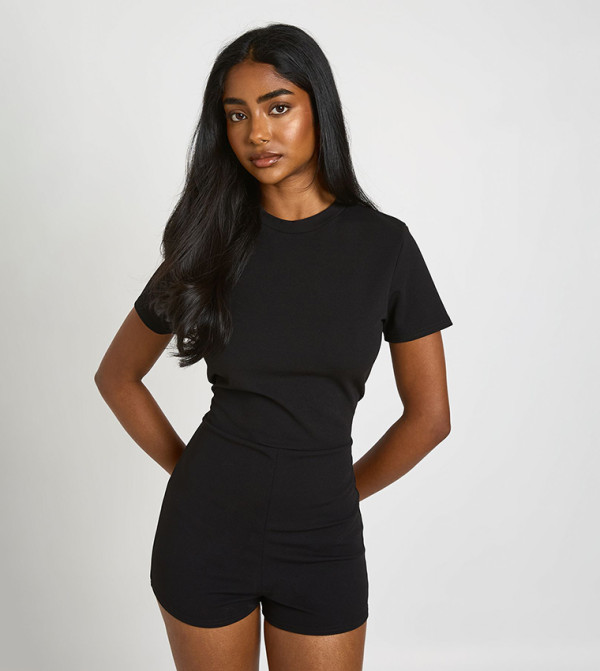 Solid Short Sleeves Playsuit