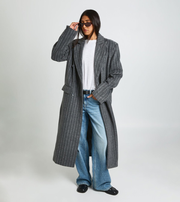 Tall Pinstriped Double Breasted Wool Look Coat