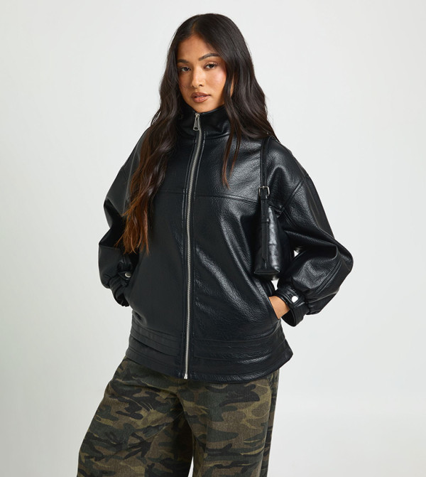 Petite Waist Detail Faux Leather Jacket