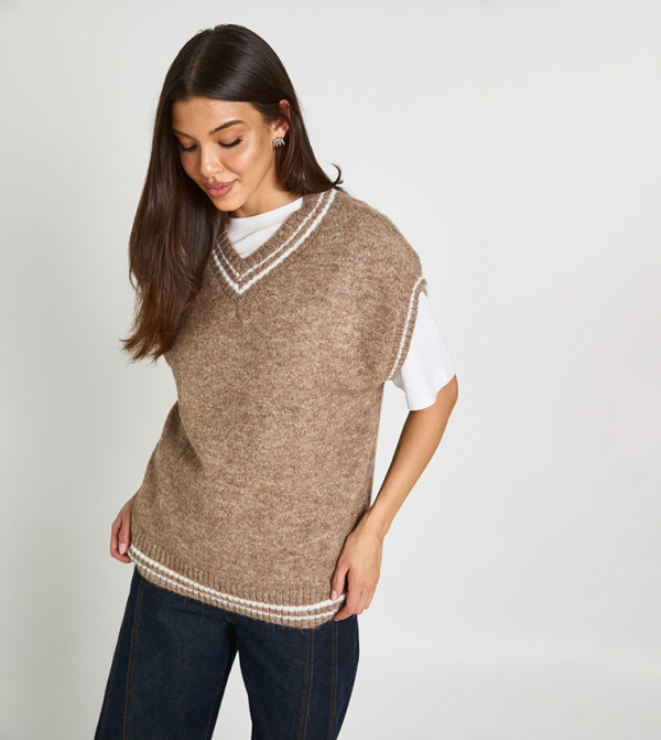 Striped Detail V-Neck Knitted Oversized Sweater Vest