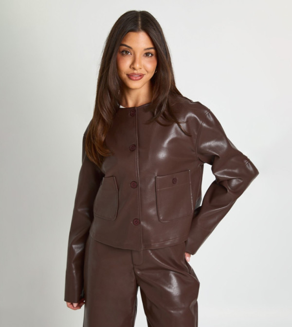 Faux Leather Boxy Collarless Jacket