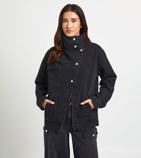 High Neck Asymmetric Denim Jacket