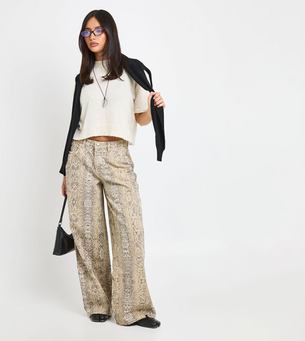 Snake Print Mid Waist Loose Fit Wide Leg Jeans