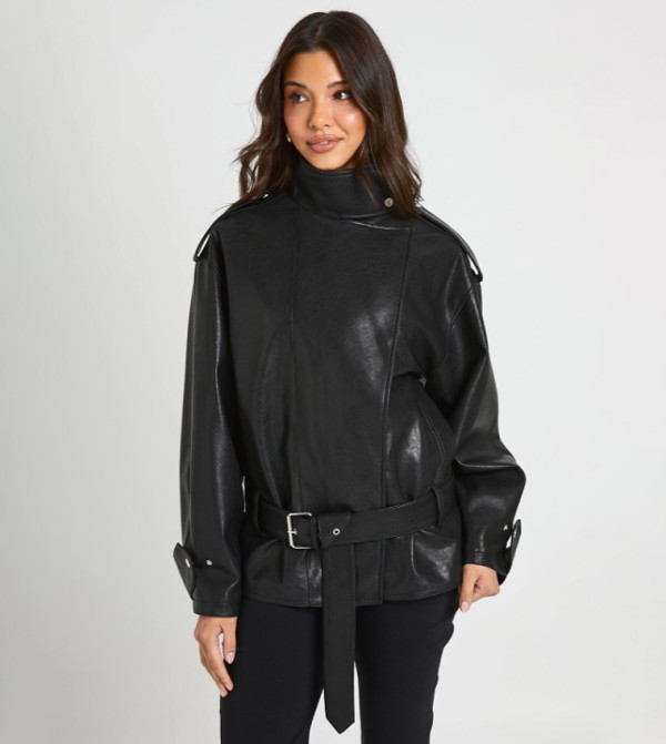 Asymmetric Belted Faux Leather Jacket