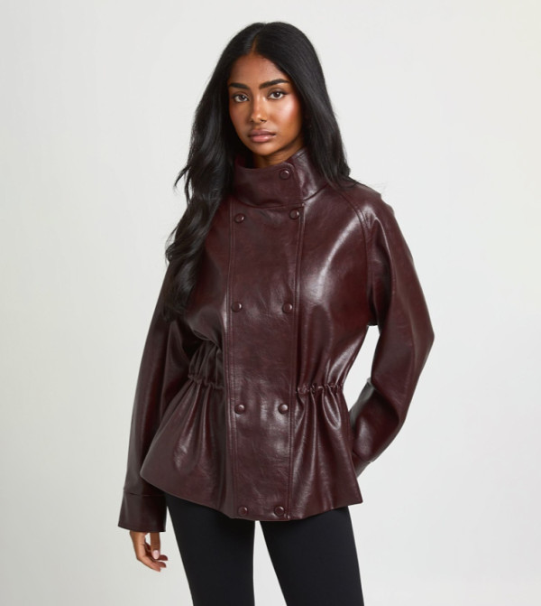 Petite Faux Leather Longline Button Detail High Neck Jacket