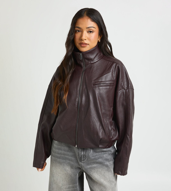 Petite Pebbled Faux Leather Funnel Neck Hem Detail Bomber Jacket