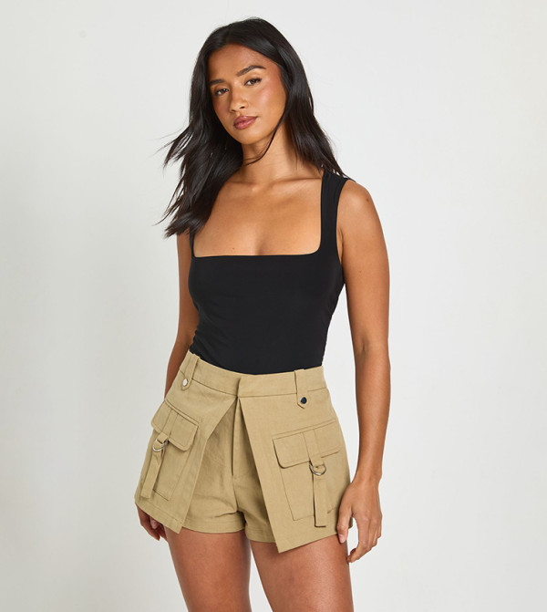 Petite Double Layer Slinky Square Neck Sleeveless Bodysuit Top