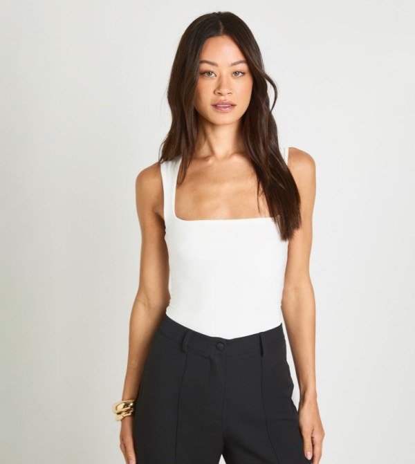 Tall Double Layer Slinky Square Neck Sleeveless Bodysuit Top