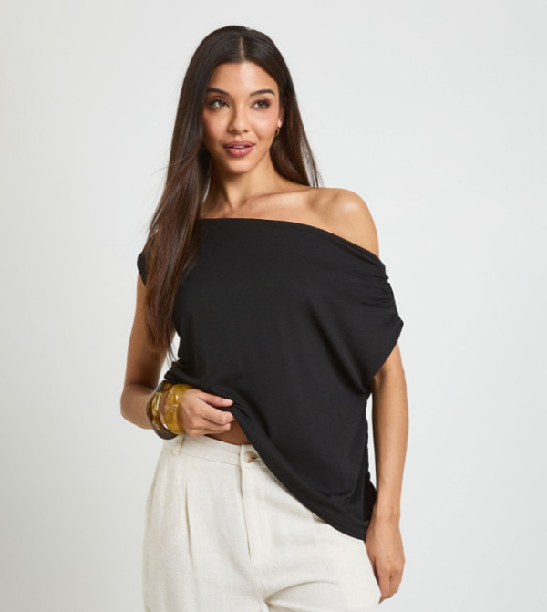 Sheer Textured Ruched Asymmetric Shoulder Top