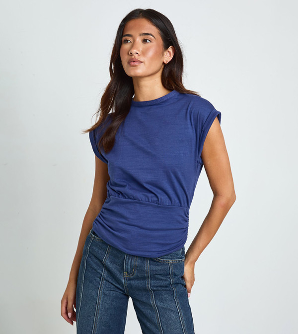 Slub Cinched Waist Crew Neck Top
