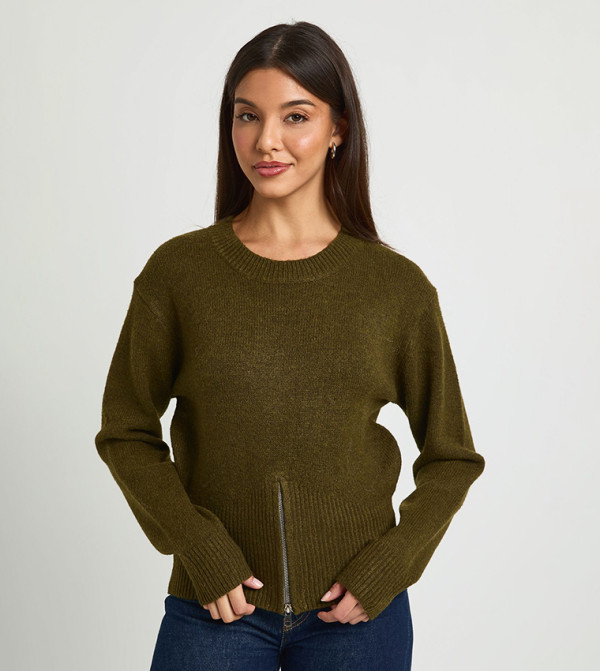 Zip Hem Cinched Waist Crew Neck Knitted Sweater