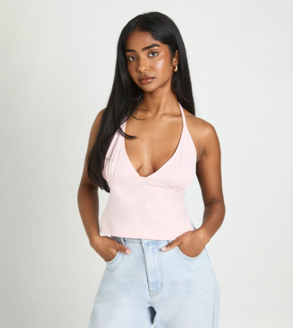 Soft Cotton Hook and Eye Backless Halterneck Top