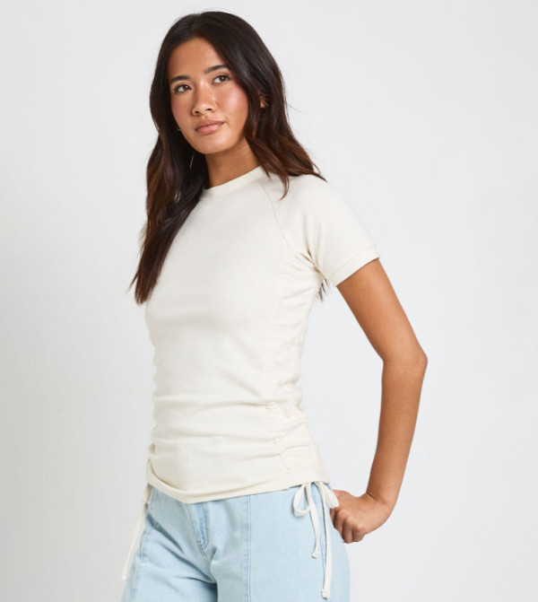 Heavy Cotton Ruched Tie Side Short Sleeves Top