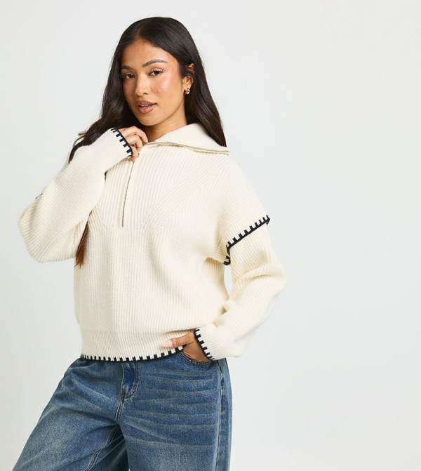 Petite Contrast Stitch Zip Neck Sweater
