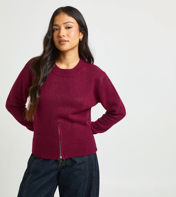 Petite Zip Hem Cinched Waist Knitted Sweater