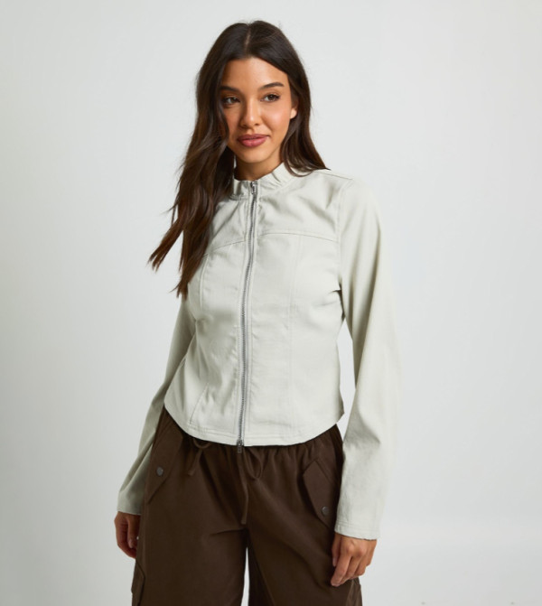 Twill Zip Through Mock Neck Long Sleeves Shirt