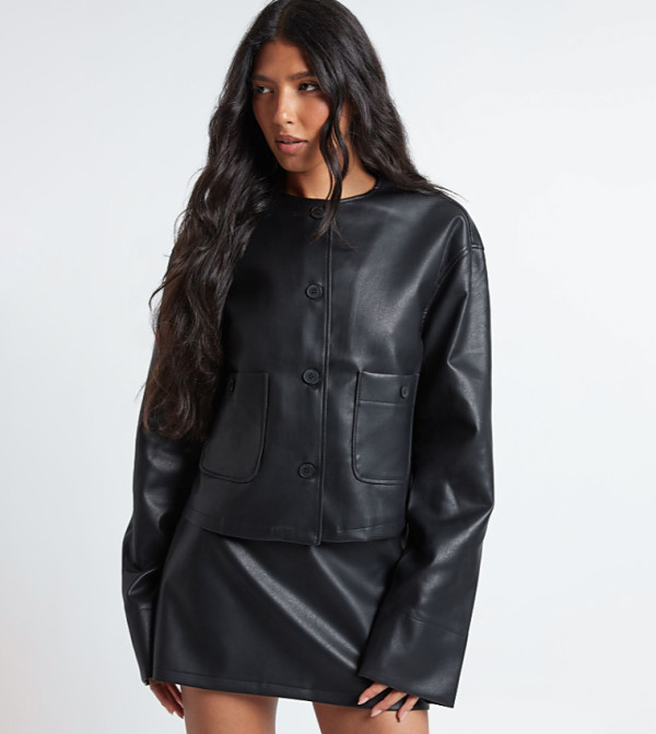 Tall Faux Leather Boxy Collarless Shirt