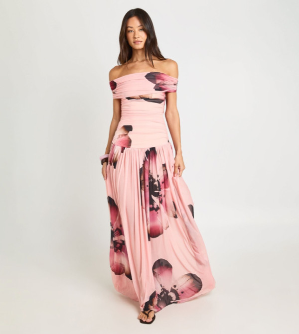 Tall Placement Floral Print Bardot Maxi Dress