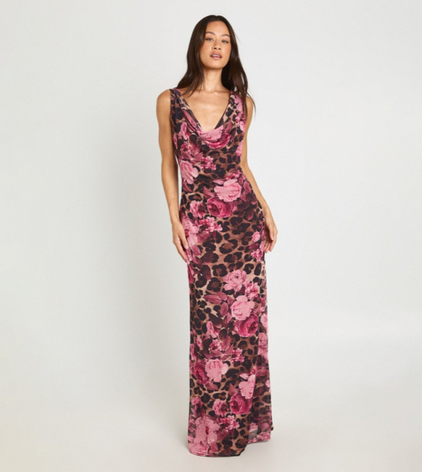 Tall Mesh Floral Print Cowl Neck Maxi Dress