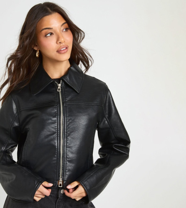 Cinched Waist Faux Leather Jacket
