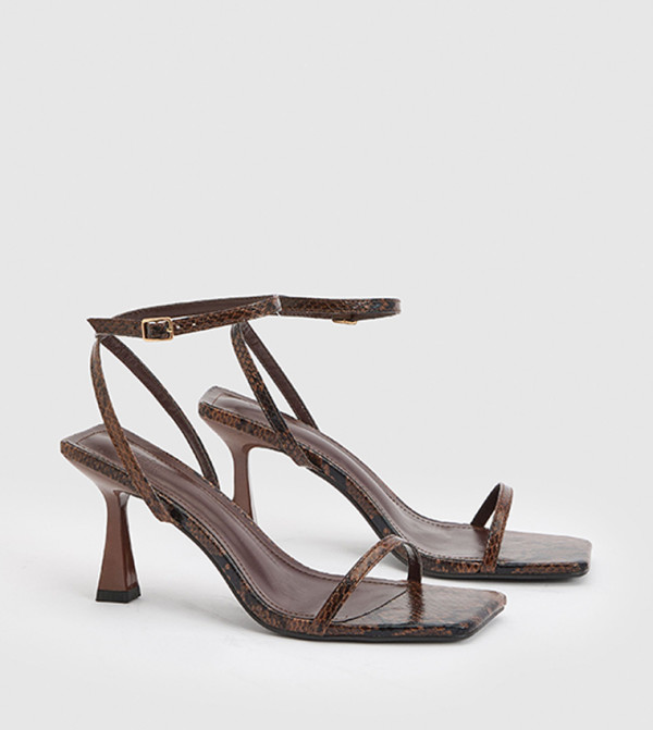 Wide Fit Square Toe Snake Mid Stiletto Heel Sandals